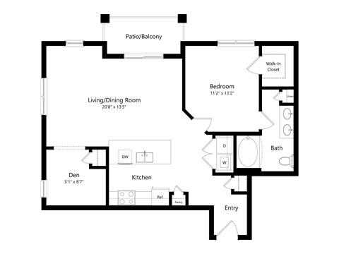 A floor plan of a home with a living/dining room, kitchen, den, and bedrooms.